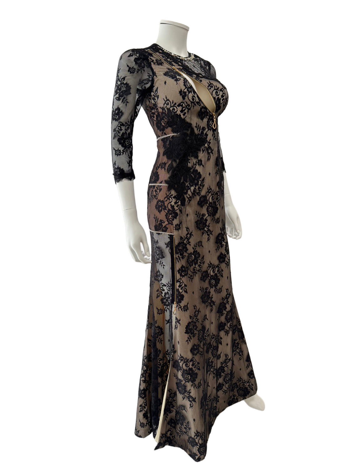 【153】袖あり レース 胸元ジップ ビジュー シースルー スリット ロングドレス ROBE de FLEURS Glossy