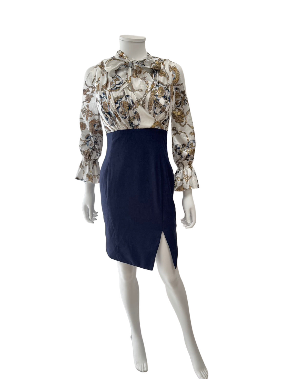 【129】袖あり リボン スリット ひざ丈 ミディアムドレス DEA.by ROBE de FLEURS