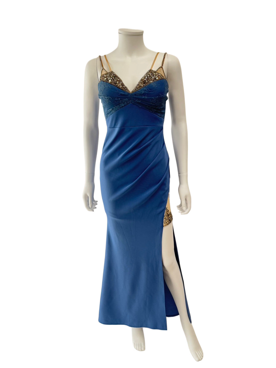 【115】ビジュー スリット シースルー サイドギャザー ノースリーブ ロングドレス ANGLE R