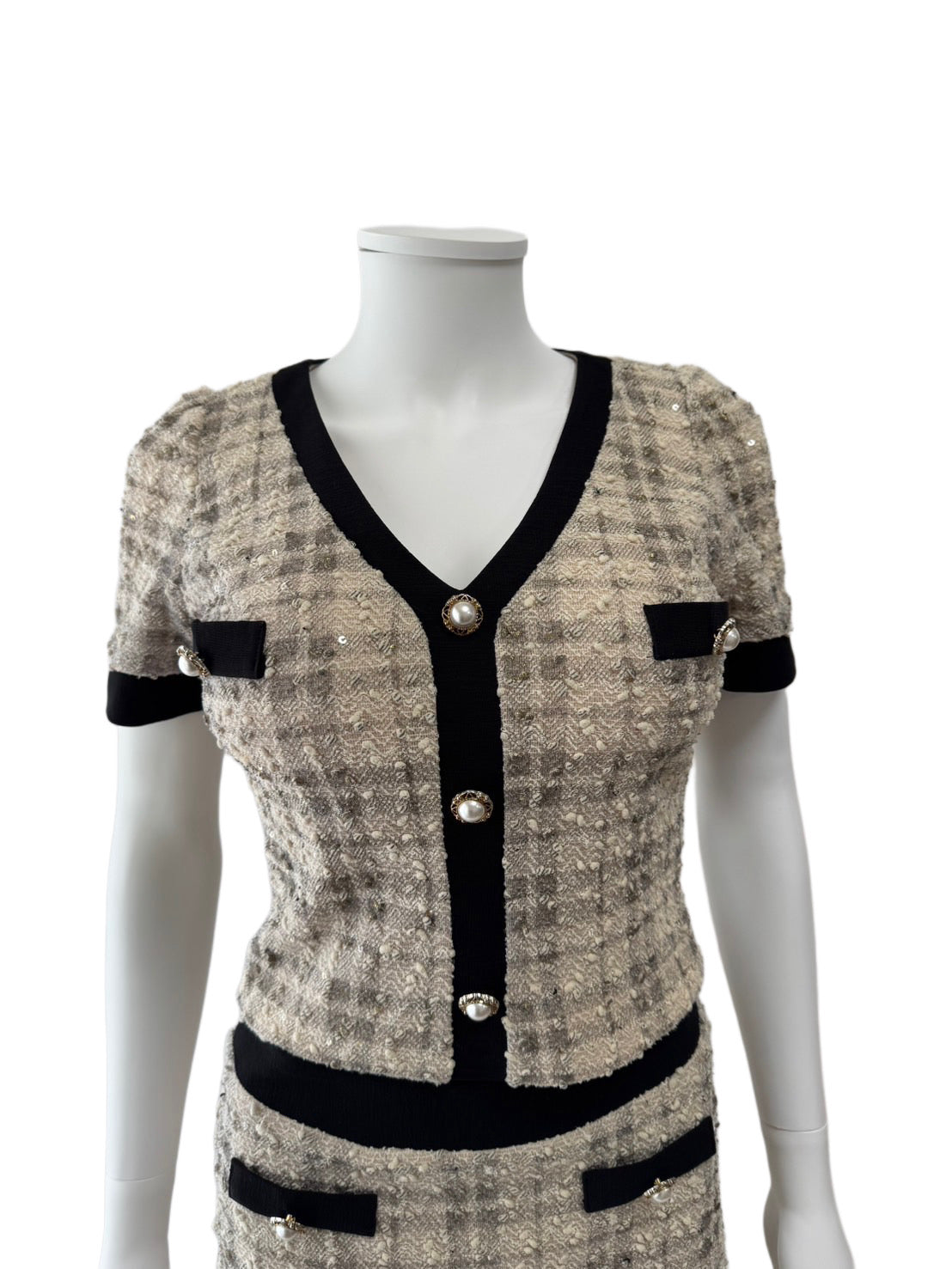 【157】セットアップ チェック 袖あり フレア Vネック an