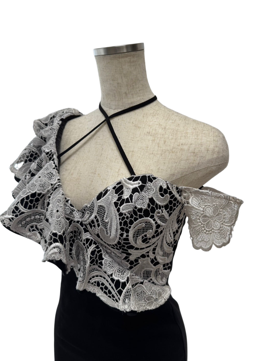 【140】レース フリル シースルー オフショルダー ネックリボン ROBE de FLEURS Glossy