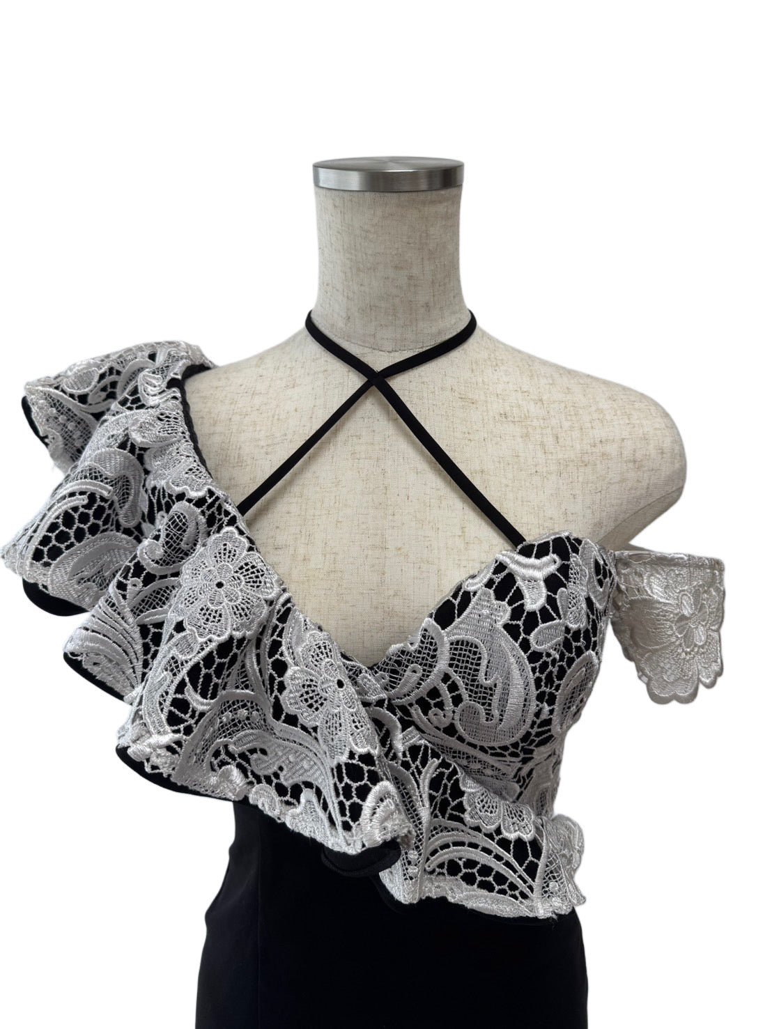 【140】レース フリル シースルー オフショルダー ネックリボン ROBE de FLEURS Glossy