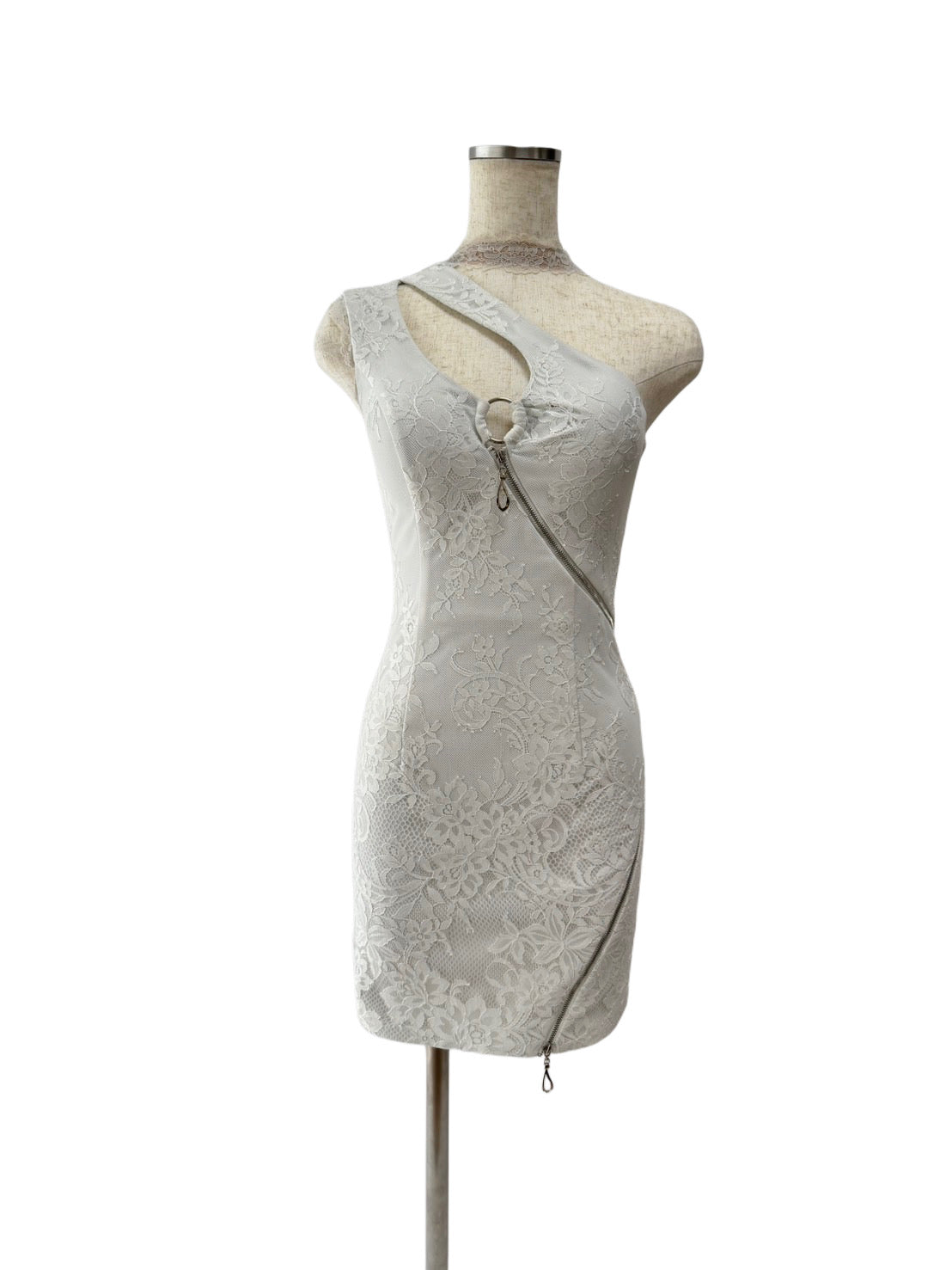 【155】ネックリボン ワンショルダー レース ジップ ROBE de FLEURS Glossy