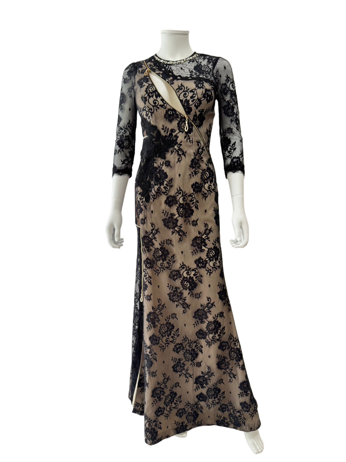 【153】袖あり レース 胸元ジップ ビジュー シースルー スリット ロングドレス ROBE de FLEURS Glossy