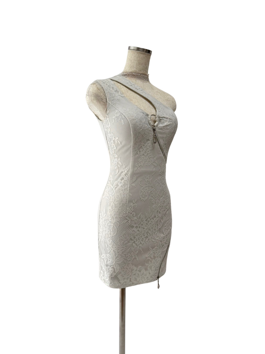 【155】ネックリボン ワンショルダー レース ジップ ROBE de FLEURS Glossy