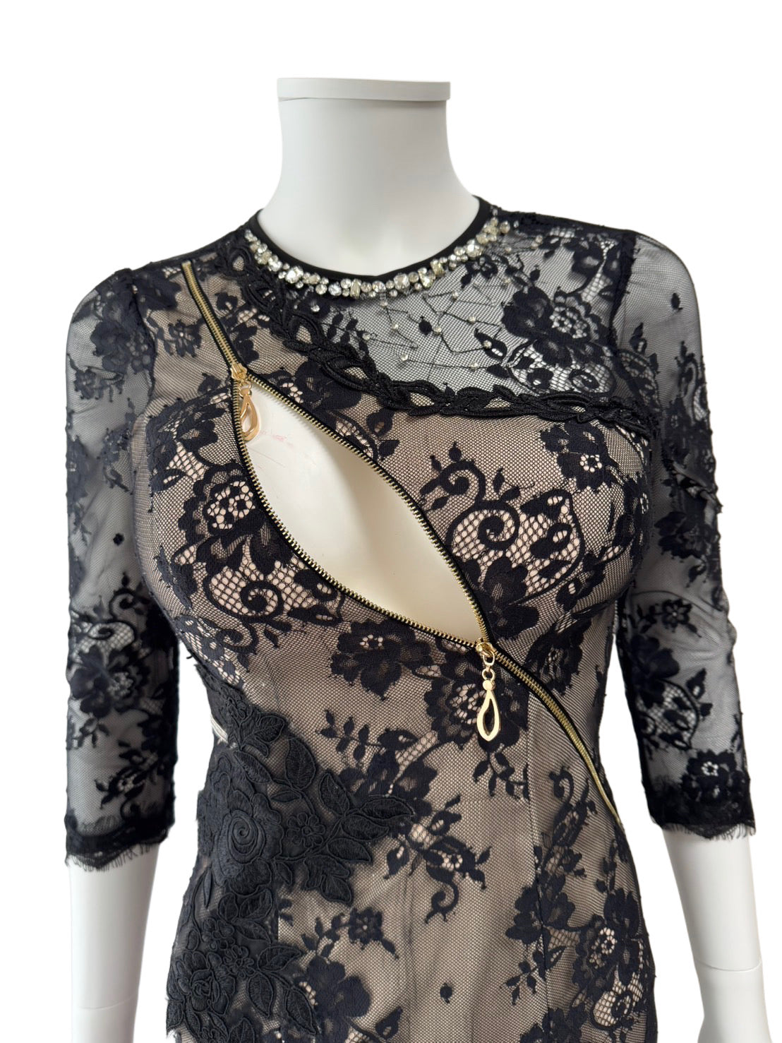 【153】袖あり レース 胸元ジップ ビジュー シースルー スリット ロングドレス ROBE de FLEURS Glossy