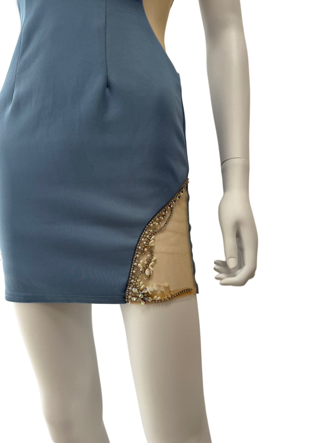 【149】ノースリーブ ビジュー シースルー ギャザー ミニドレス ANGLE R