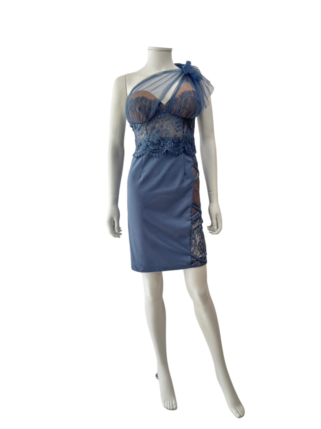 【158】チュール リボン ワンショルダー シースルー レース ミニドレス an