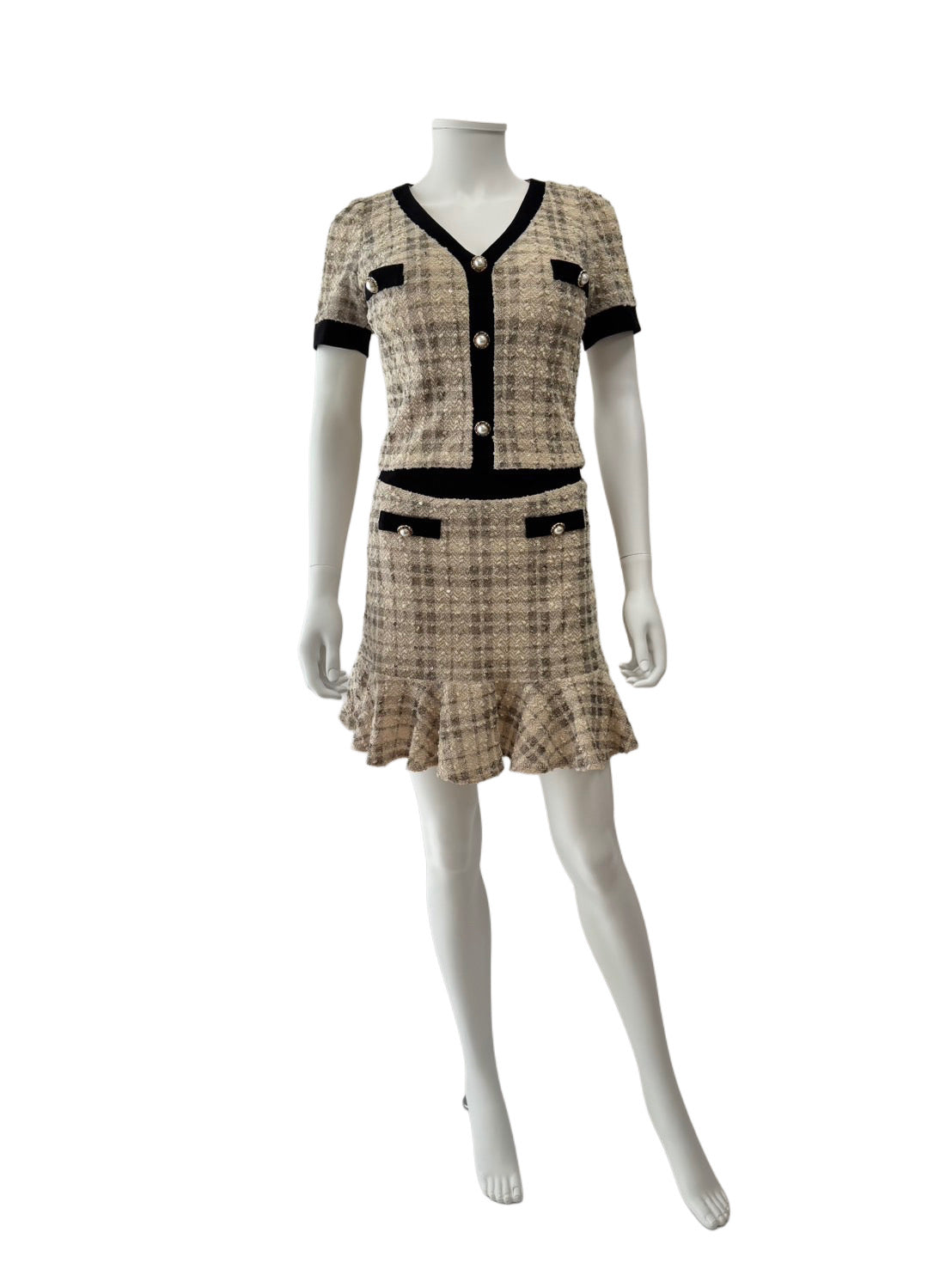 【157】セットアップ チェック 袖あり フレア Vネック an