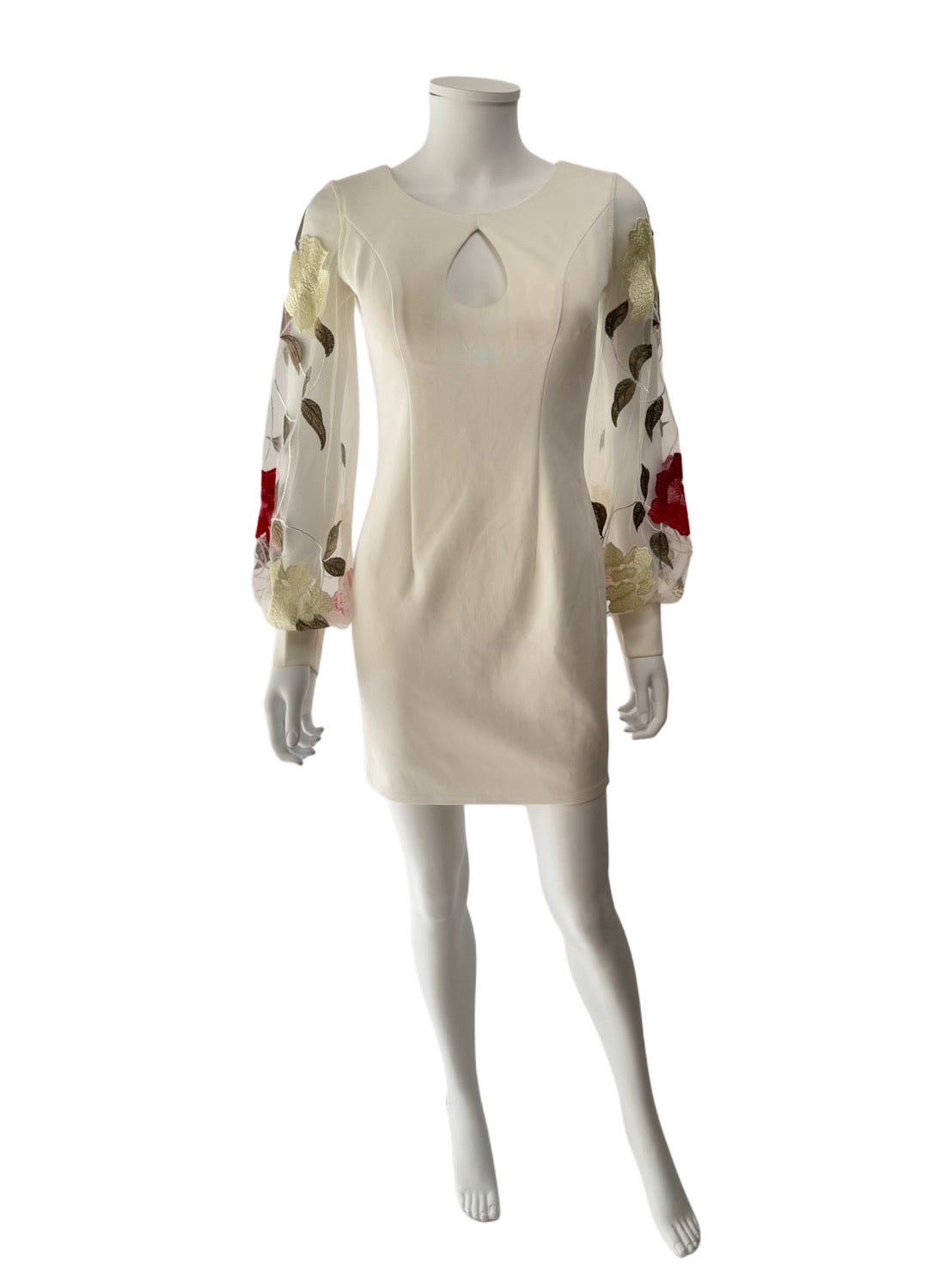 【107】刺繍 長袖 ミニ丈 タイト ミニドレス