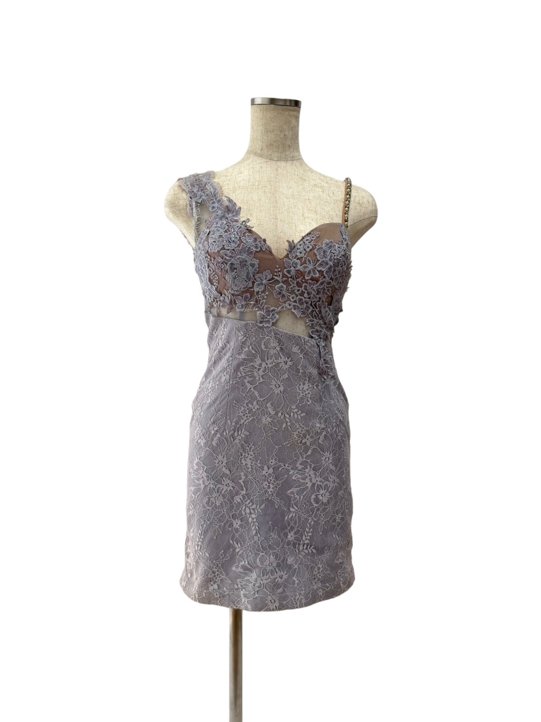 【159】レース パール シースルー ノースリーブ ミニドレス ROBE de FLEURS Glossy