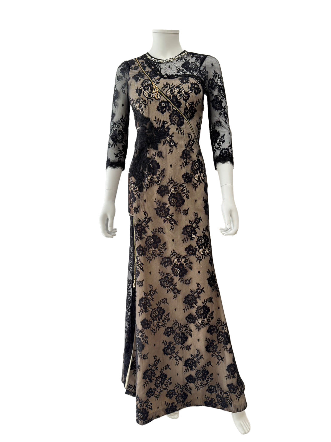 【153】袖あり レース 胸元ジップ ビジュー シースルー スリット ロングドレス ROBE de FLEURS Glossy