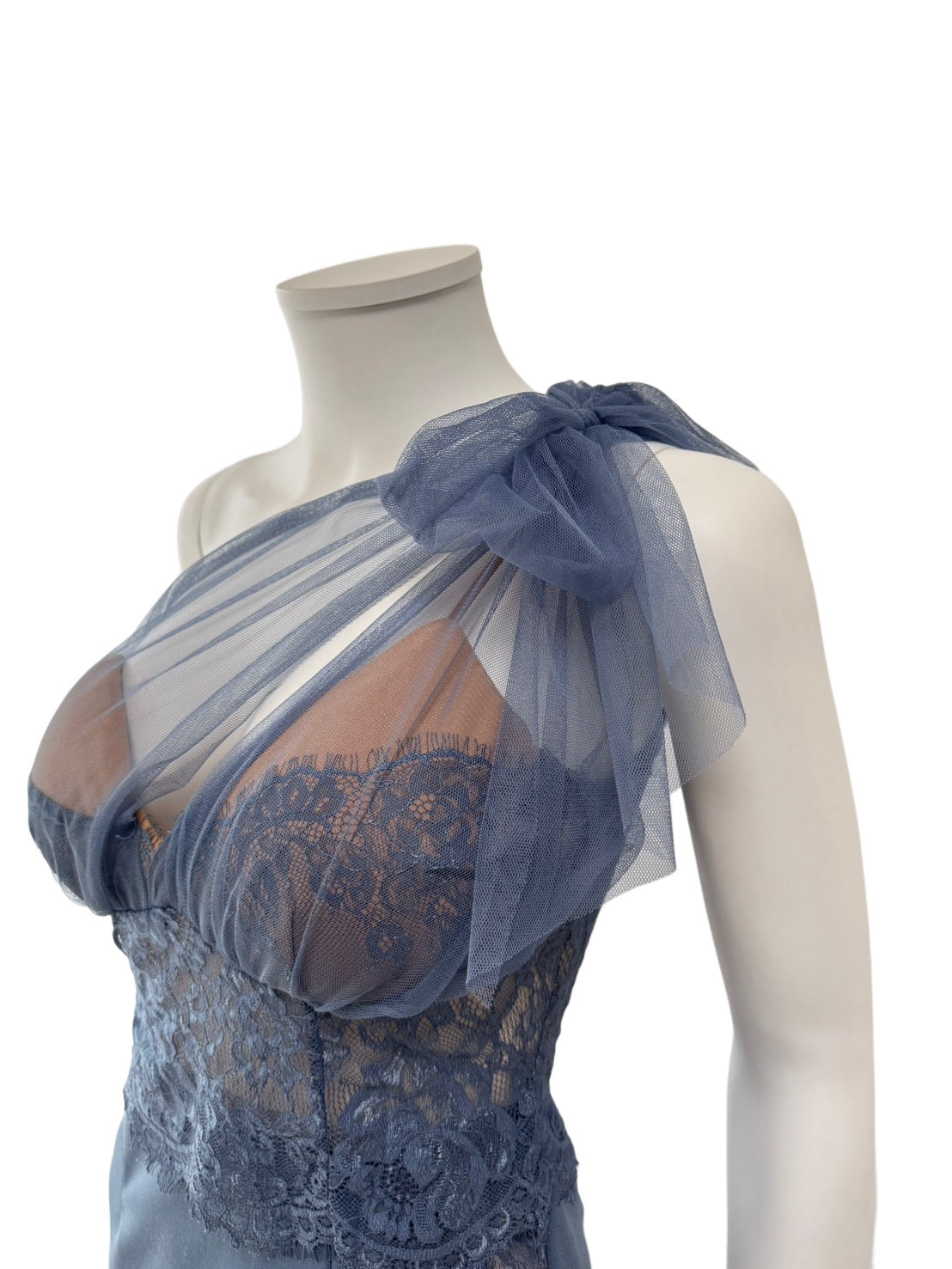 【158】チュール リボン ワンショルダー シースルー レース ミニドレス an