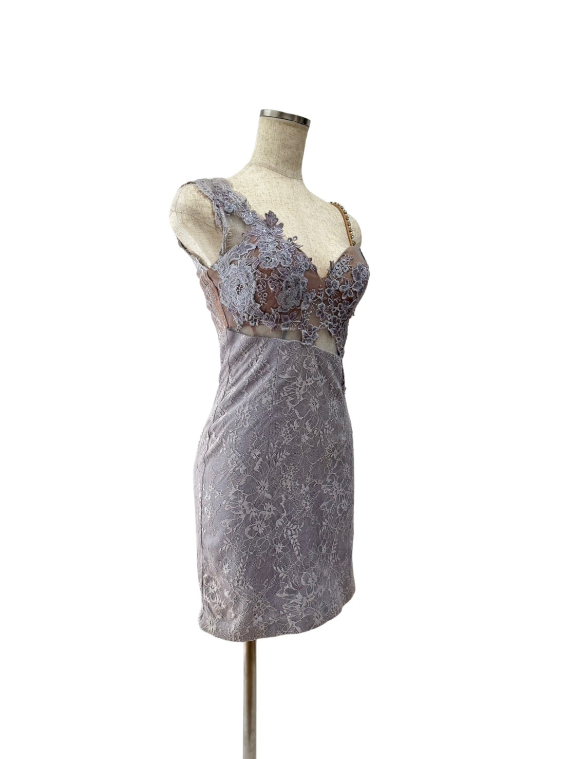 【159】レース パール シースルー ノースリーブ ミニドレス ROBE de FLEURS Glossy