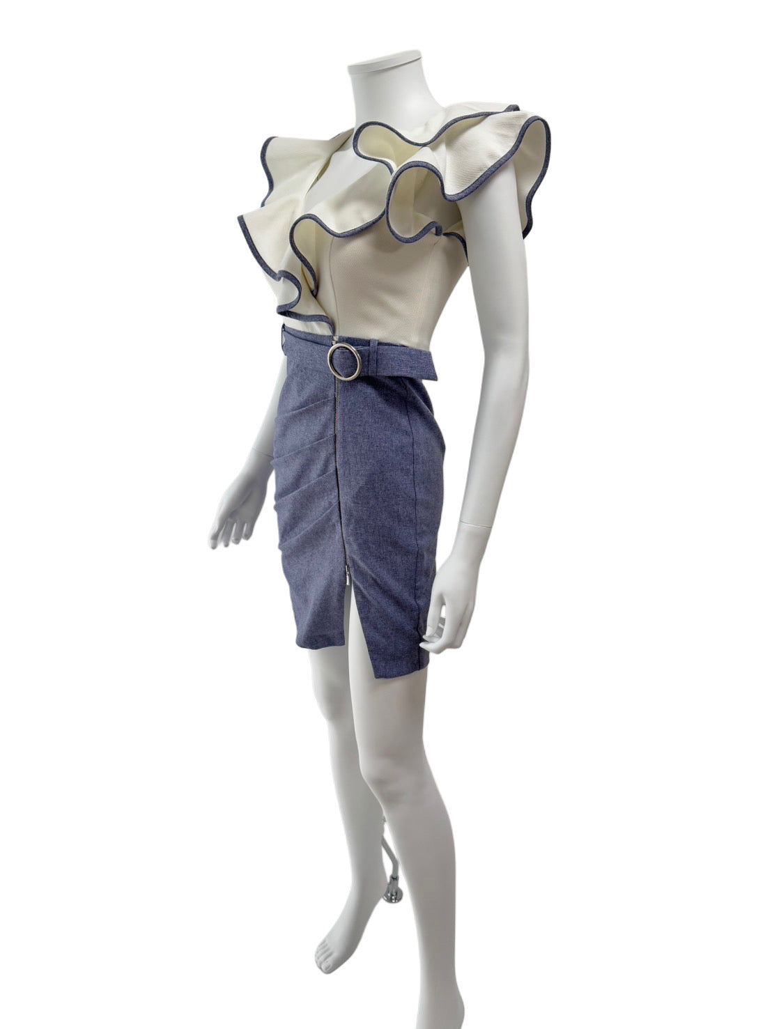 【131】フリル スリット ジップ ベルト サイドギャザー ツートーン ROBE de FLEURS