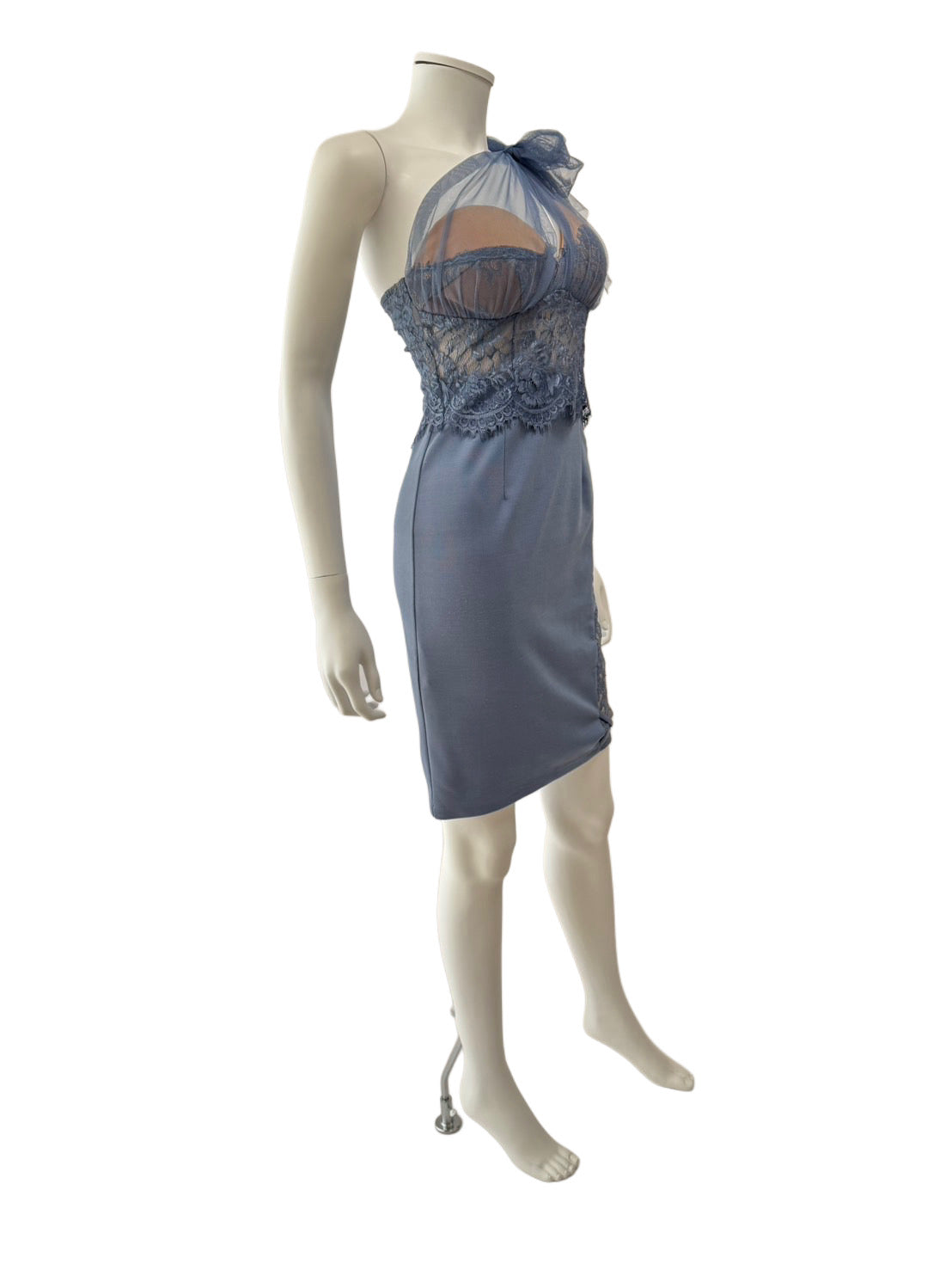 【158】チュール リボン ワンショルダー シースルー レース ミニドレス an