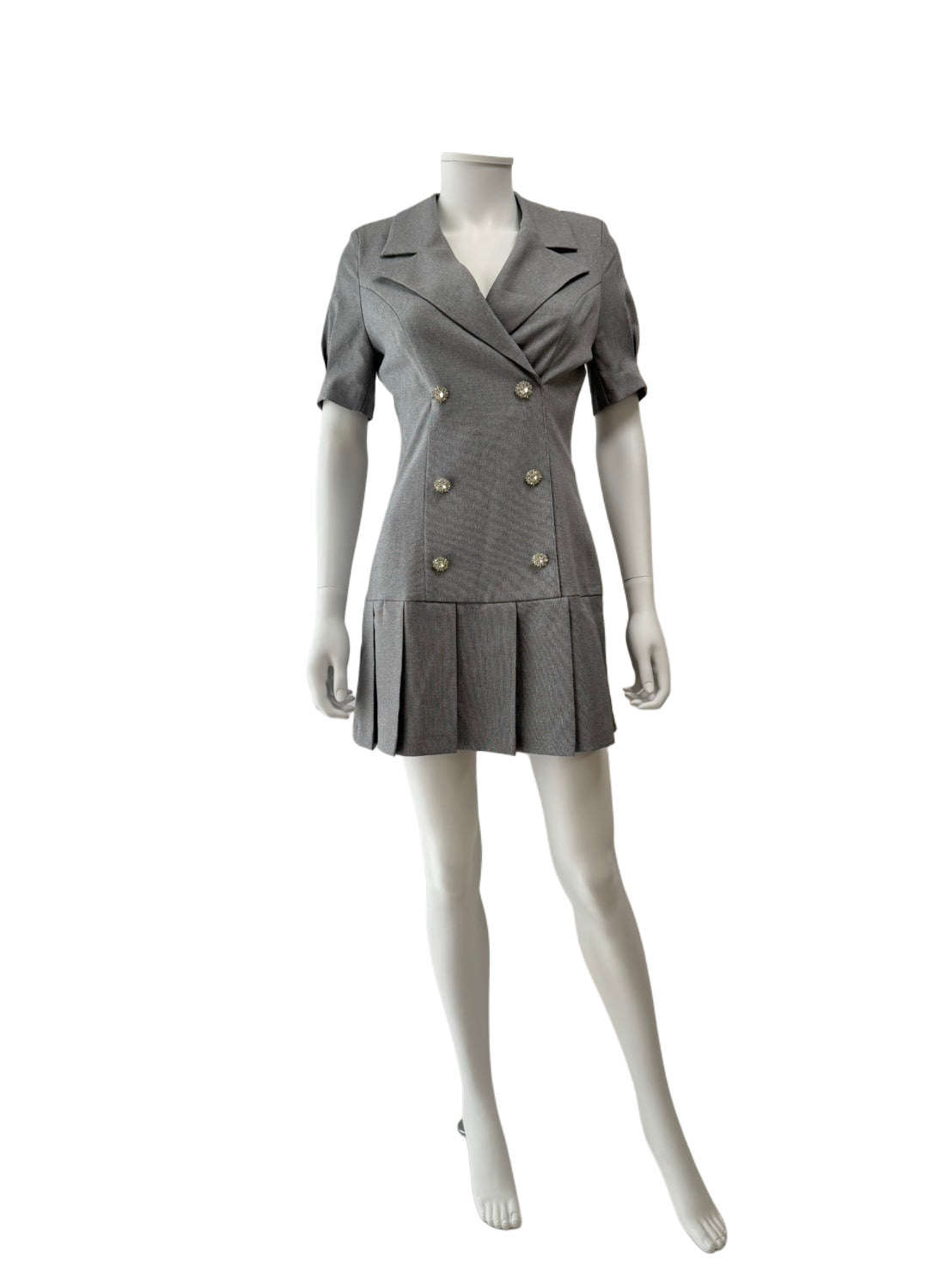 【161】プリーツ 袖あり 襟付き Vネック ミニドレス an