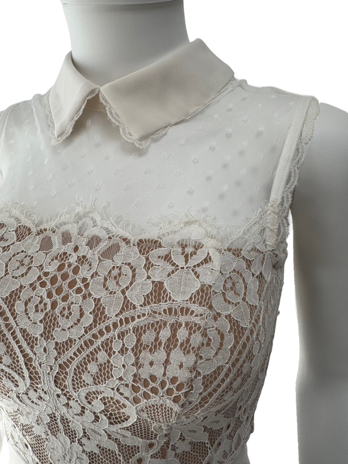 【112】ハイネック 襟あり レース プリーツ シースルー フレア ミニドレス an