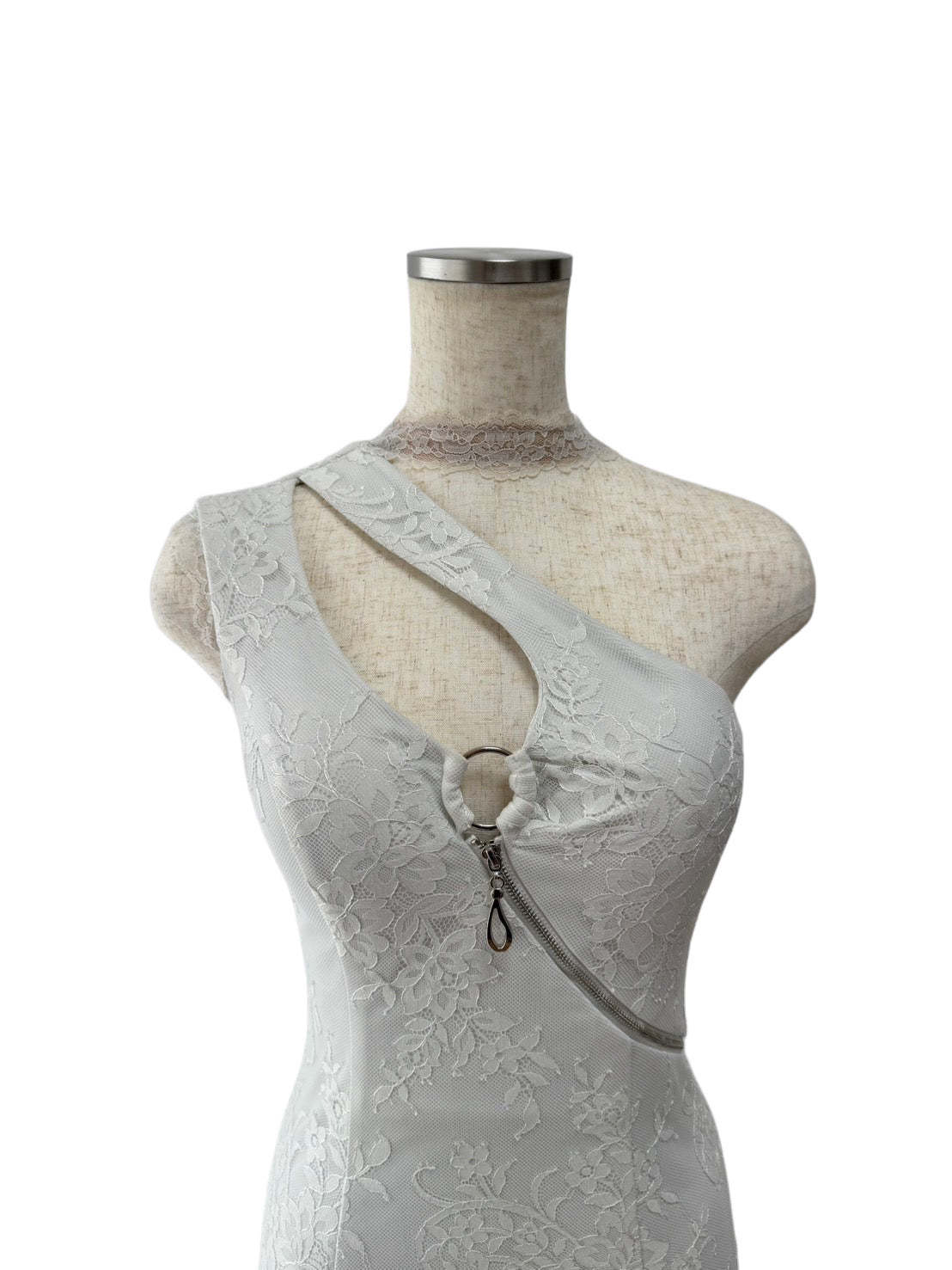 【155】ネックリボン ワンショルダー レース ジップ ROBE de FLEURS Glossy