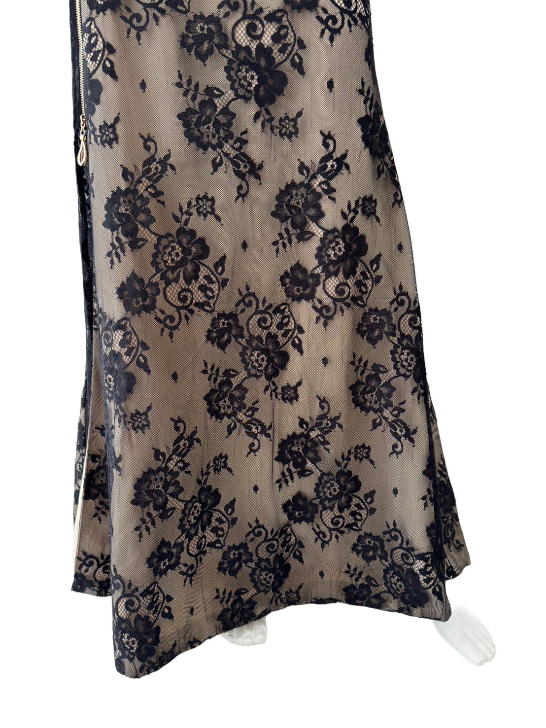 【153】袖あり レース 胸元ジップ ビジュー シースルー スリット ロングドレス ROBE de FLEURS Glossy