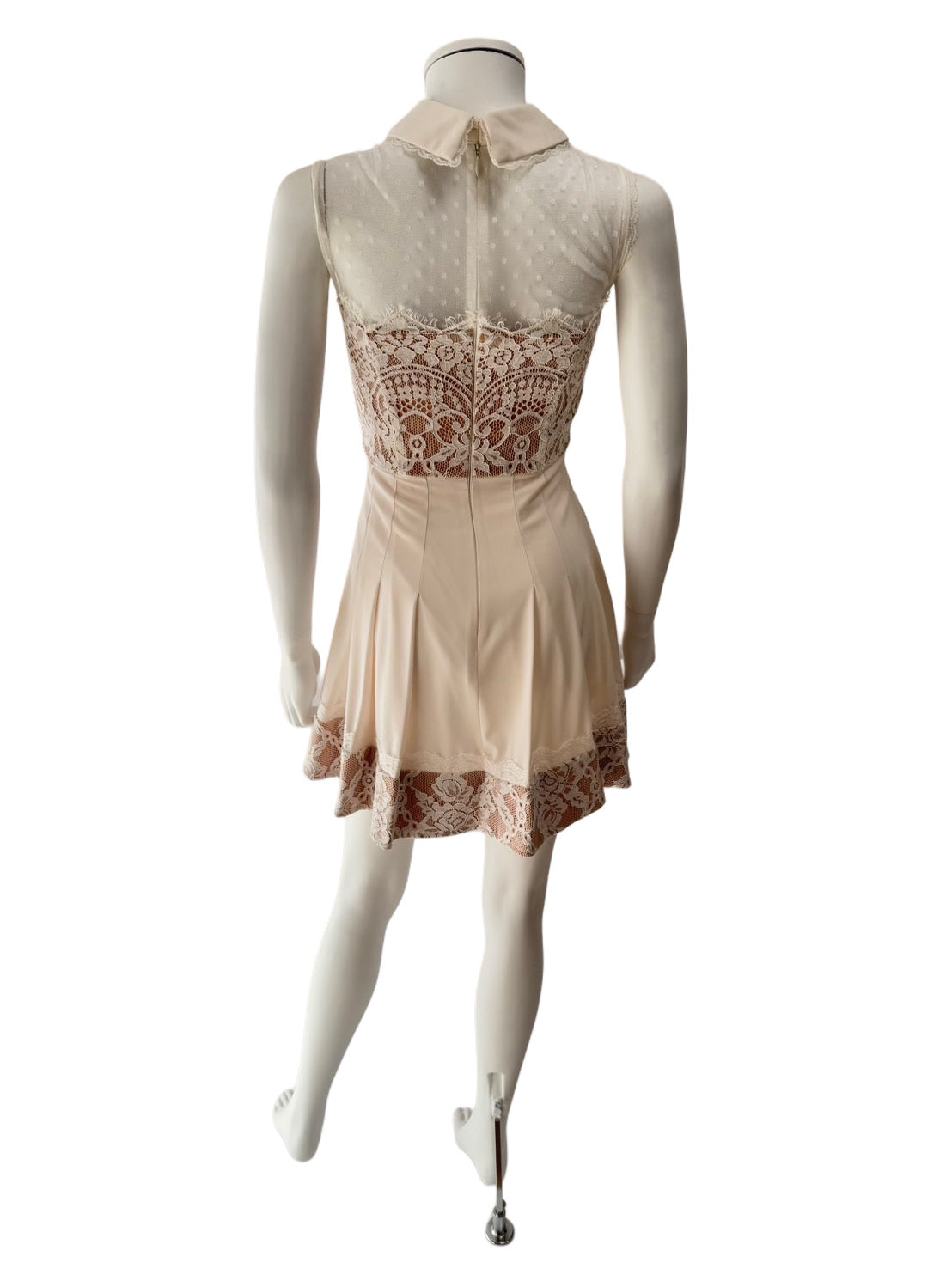 【112】ハイネック 襟あり レース プリーツ シースルー フレア ミニドレス an