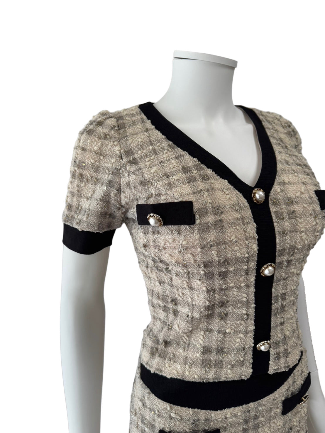 【157】セットアップ チェック 袖あり フレア Vネック an