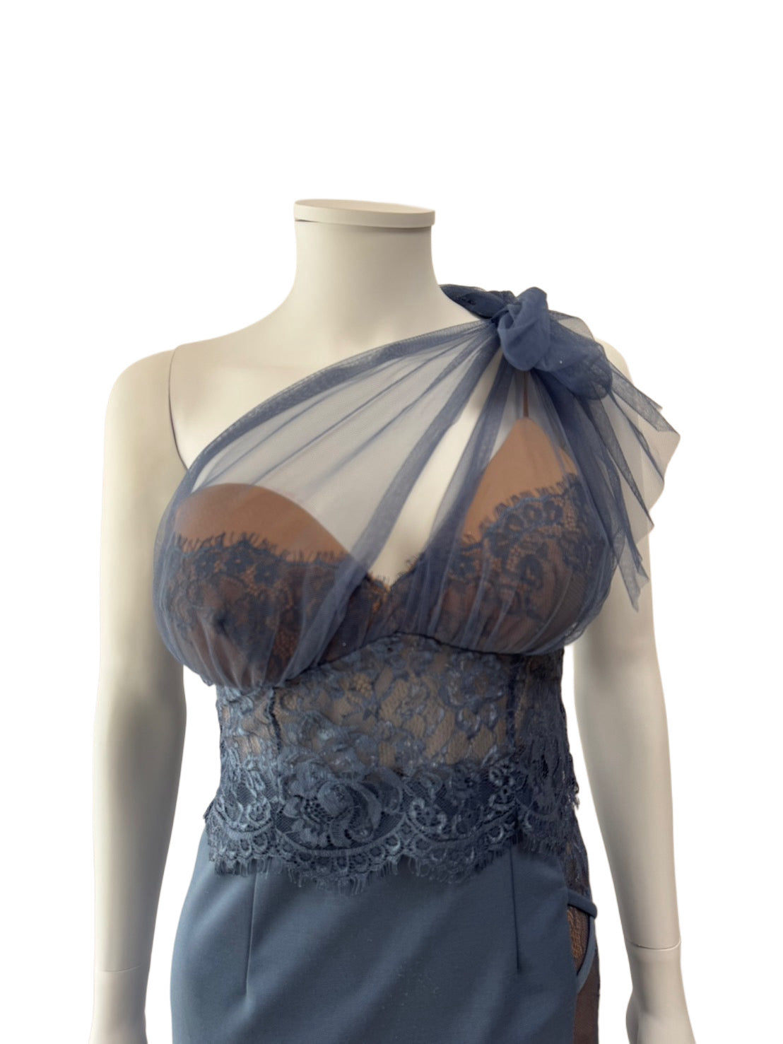 【158】チュール リボン ワンショルダー シースルー レース ミニドレス an