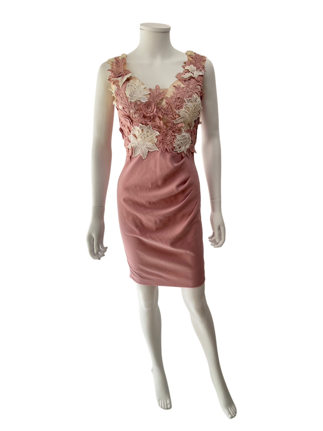 【108】レース ノースリーブ サイドギャザー ひざ丈 ミディアムドレス JEAN MACLEAN