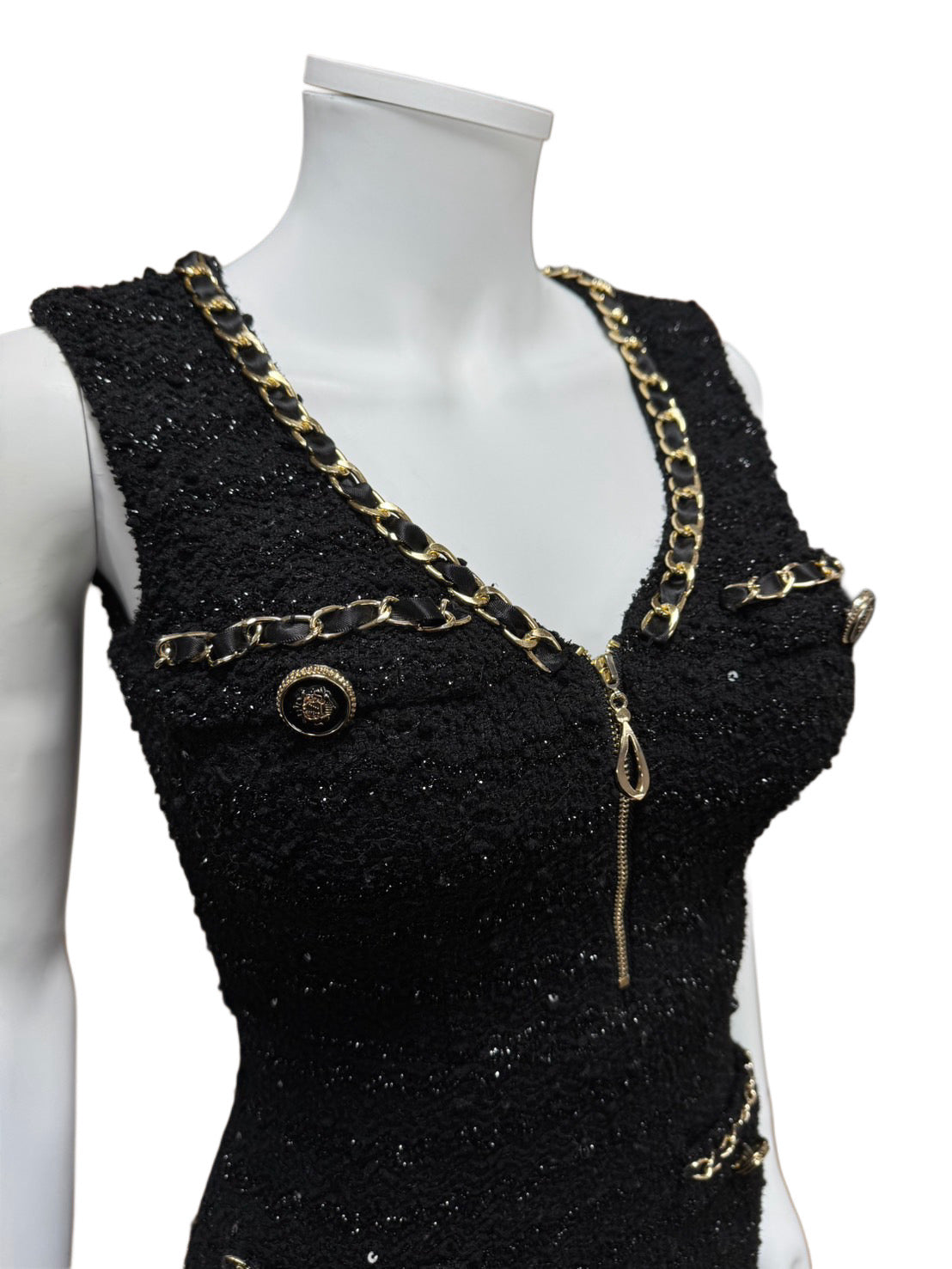 【177】ツイード スパンコール ノースリーブ ミニドレス an