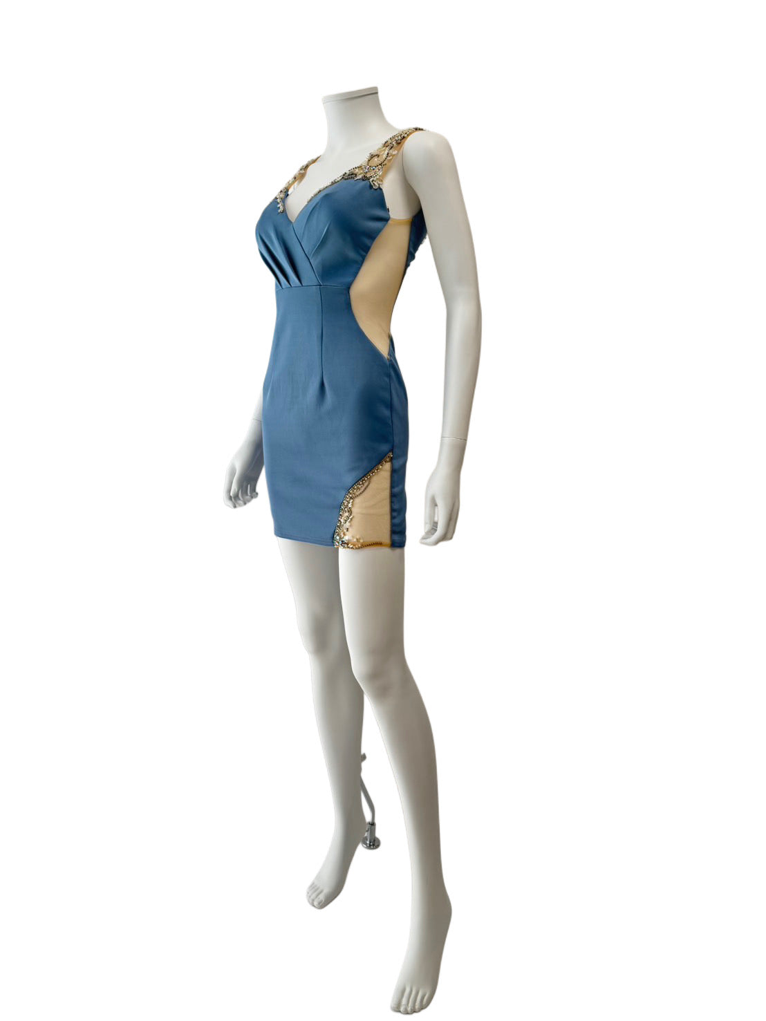 【149】ノースリーブ ビジュー シースルー ギャザー ミニドレス ANGLE R