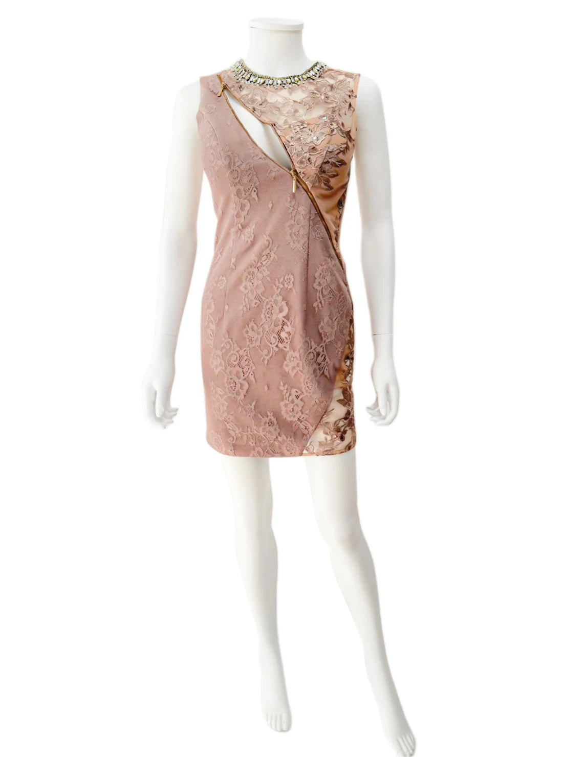 バストジップ 総レース ビジュー タイト ミニドレス キャバドレス ROBE de FLEURS Glossy