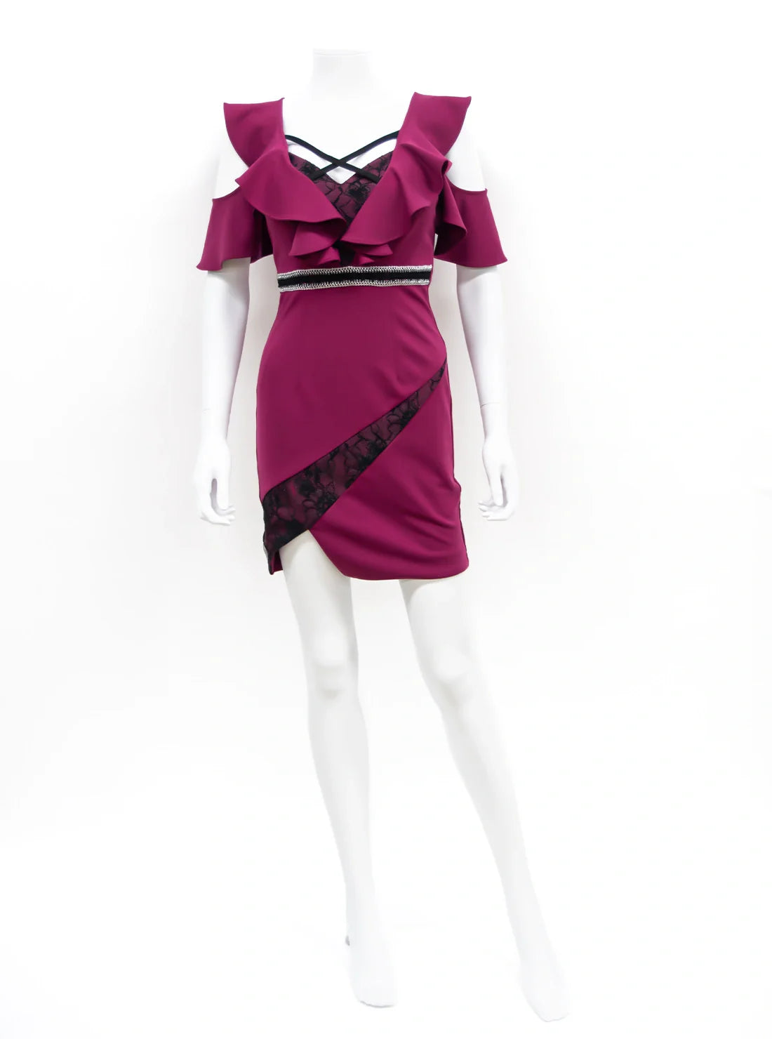 オフショル スリット 袖あり レース タイト ミニドレス キャバドレス ROBE de FLEURS Glosy | et toi（エトワ） レンタルキャバドレス