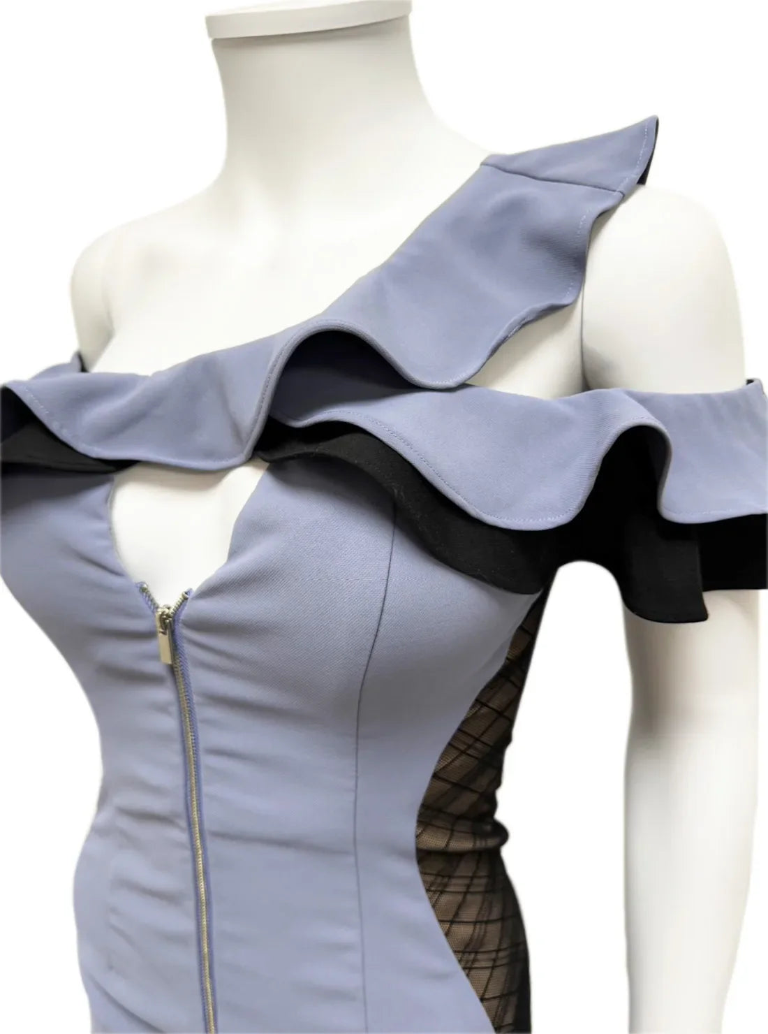 オフショル フリル フロントジップ タイト ミニドレス キャバドレス ROBE de FLEURS Glossy | et toi（エトワ） レンタルキャバドレス