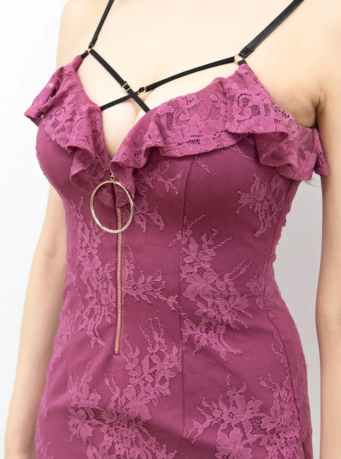 キャミソール バストジップ 総レース タイト ミニドレス キャバドレス ROBE de FLEURS Glossy | et toi（エトワ） レンタルキャバドレス