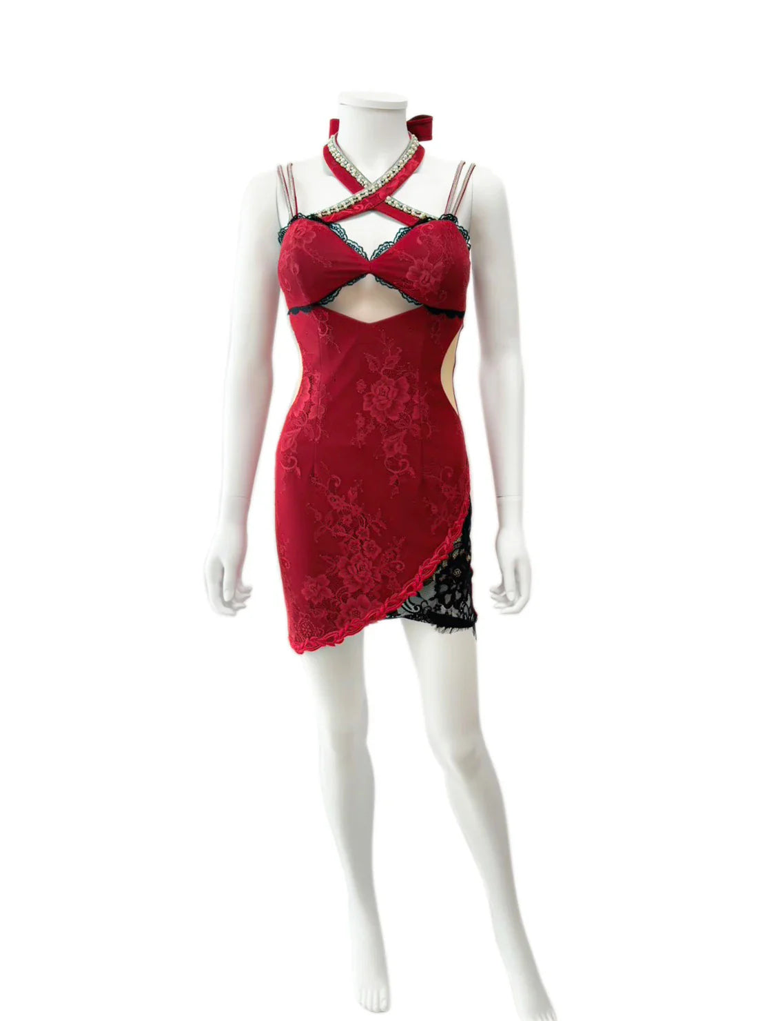 キャミソール ネックリボン スリット レース ビジュー タイト ミニドレス キャバドレス ROBE de FLEURS Glossy | et toi（エトワ） レンタルキャバドレス