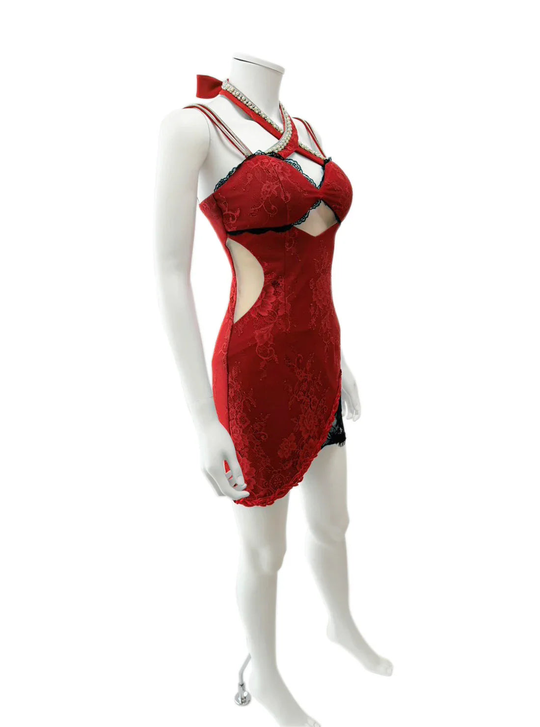 キャミソール ネックリボン スリット レース ビジュー タイト ミニドレス キャバドレス ROBE de FLEURS Glossy | et toi（エトワ） レンタルキャバドレス