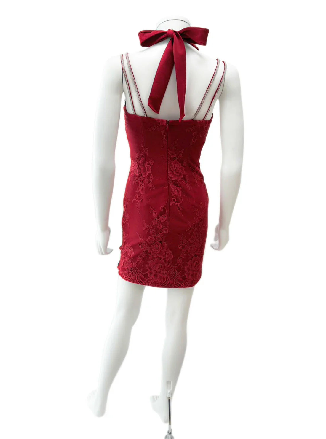 キャミソール ネックリボン スリット レース ビジュー タイト ミニドレス キャバドレス ROBE de FLEURS Glossy | et toi（エトワ） レンタルキャバドレス