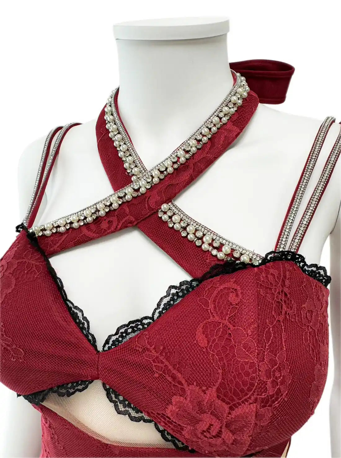 キャミソール ネックリボン スリット レース ビジュー タイト ミニドレス キャバドレス ROBE de FLEURS Glossy | et toi（エトワ） レンタルキャバドレス